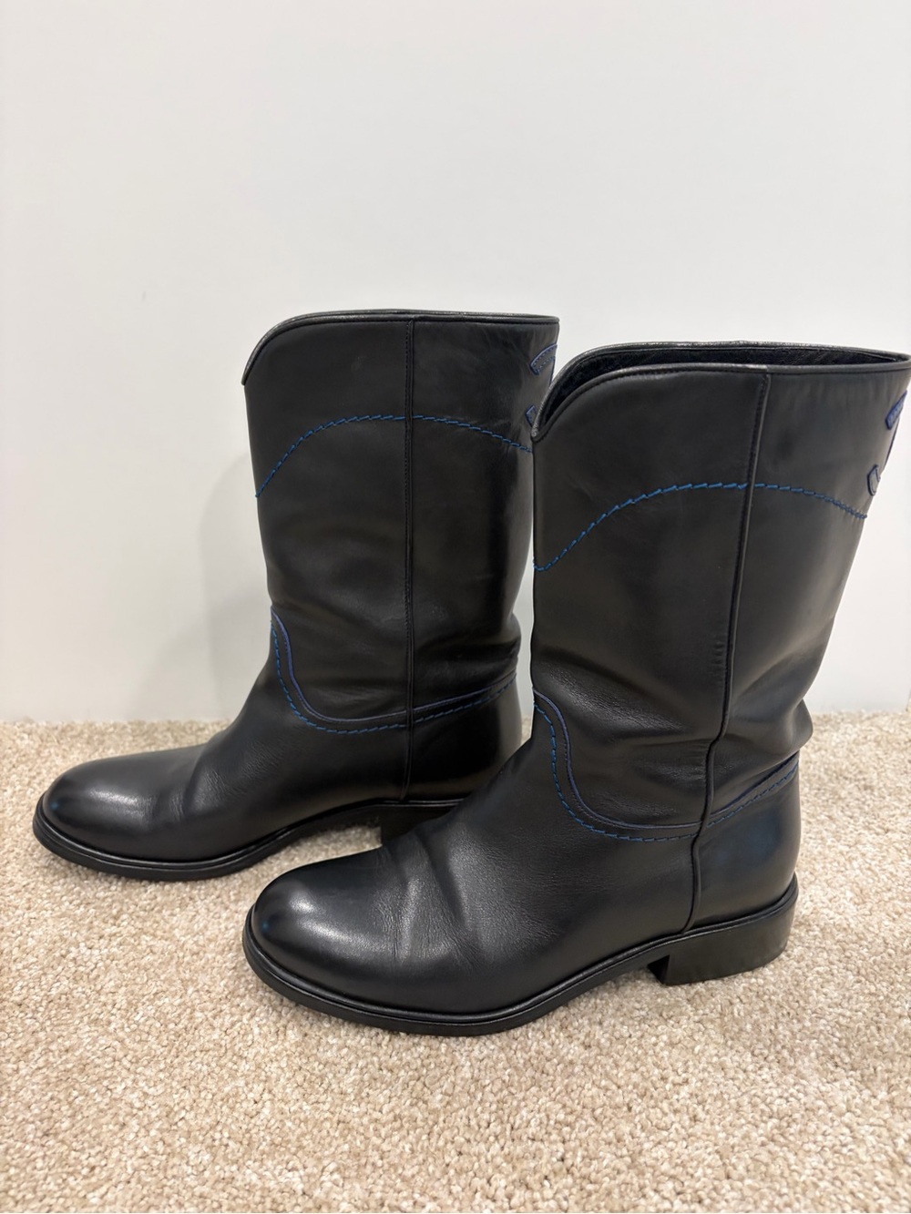Authentic CHANEL Black Leather Mid-Calf Boots with Blue Stitching